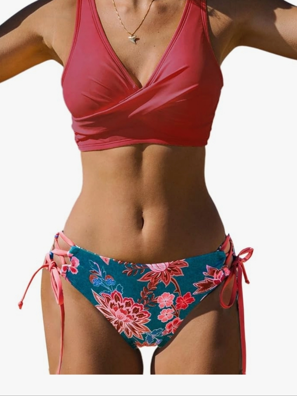 Cupshe Coral Wrap Bikini Top with Teal Floral Tie-Side Bottom